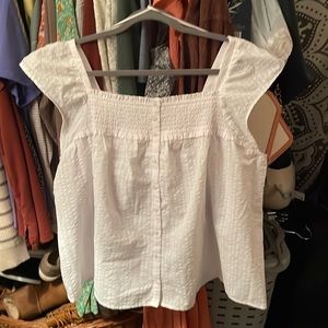 Flutter-Sleeve Smocked Seersucker Swing Blouse for Women